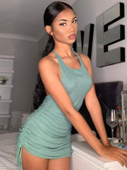 Load image into Gallery viewer, Drawstring Ruched Halter Mini Dress