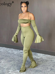 Load image into Gallery viewer, Off Shoulder Flared Sleeve Crop Top & Pants