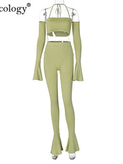 Load image into Gallery viewer, Off Shoulder Flared Sleeve Crop Top & Pants