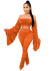 Load image into Gallery viewer, Flare Ruched Sleeve Crop Top and Stacked Leggings