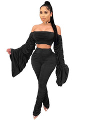 Load image into Gallery viewer, Flare Ruched Sleeve Crop Top and Stacked Leggings