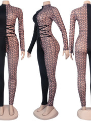 Load image into Gallery viewer, Sheer Patchwork Lace Up Jumpsuit