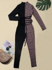 Load image into Gallery viewer, Sheer Patchwork Lace Up Jumpsuit