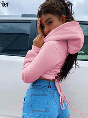 Load image into Gallery viewer, Lace-Up/ Solid Back Hoodie