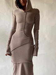 Load image into Gallery viewer, Long Sleeve Hooded Patchwork Skinny Maxi Dress