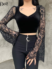Load image into Gallery viewer, Lace Sleeve Velvet Top