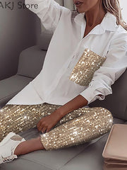 Load image into Gallery viewer, Long Sleeve Shirt & Sequin Pants