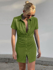 Load image into Gallery viewer, Turn-Down Collar Ruched Shirt Dress