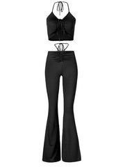 Load image into Gallery viewer, Drawstring Halter Top and High Waist Flare Pants