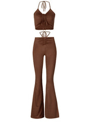 Load image into Gallery viewer, Drawstring Halter Top and High Waist Flare Pants