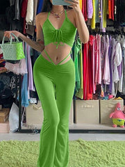 Load image into Gallery viewer, Drawstring Halter Top and High Waist Flare Pants