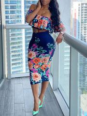 Load image into Gallery viewer, Floral Print Ruffled Crop Top & Bodycon Skirt