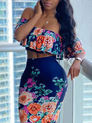 Load image into Gallery viewer, Floral Print Ruffled Crop Top & Bodycon Skirt