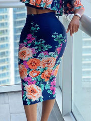 Load image into Gallery viewer, Floral Print Ruffled Crop Top & Bodycon Skirt