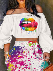 Load image into Gallery viewer, Off Shoulder Crop Top & Ink Splash Pants Set