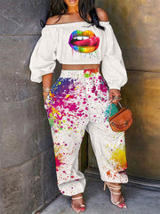 Load image into Gallery viewer, Off Shoulder Crop Top & Ink Splash Pants Set