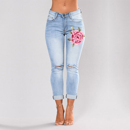 Flower Embroidered Ripped Jeans