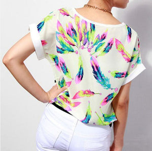 Short Sleeved Chiffon Blouse with Feathers