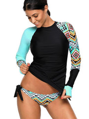 Load image into Gallery viewer, Sexy Splicing Plus Size Swimwear Contrast Rosy Detail Long Sleeve Tankini Swimsuit - vendach
