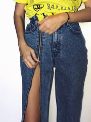 Load image into Gallery viewer, Right Leg Full Zipper Denim Jeans
