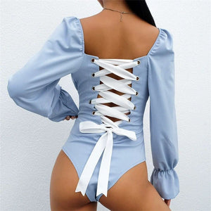 Long Sleeve Laced-up Back One-piece Bodysuit.