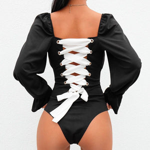 Long Sleeve Laced-up Back One-piece Bodysuit.