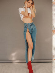 Load image into Gallery viewer, Right Leg Full Zipper Denim Jeans
