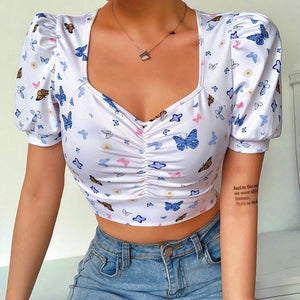 Butterfly Print Puff Sleeve Top