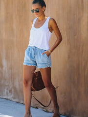 Load image into Gallery viewer, Fringed elastic loose jeans shorts
