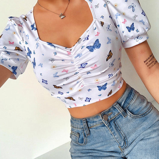 Butterfly Print Puff Sleeve Top