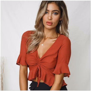 V Neck Short Sleeve  Ruched Lace Up Casual T-Shirts
