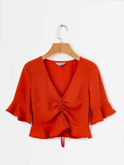 Load image into Gallery viewer, V Neck Short Sleeve  Ruched Lace Up Casual T-Shirts
