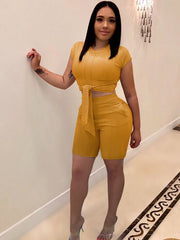 Load image into Gallery viewer, Tied Waist Top and Long Short Set
