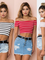 Load image into Gallery viewer, Off shoulder Stripes  Crop Top
