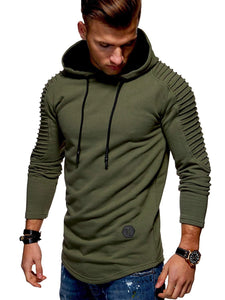 Solid Color Pleated Sleeve Long Fleece Hoodie - vendach