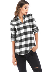 Load image into Gallery viewer, V Neck Long Sleeve Checkered Print Women Shirt - vendach
