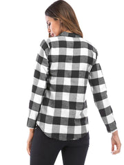 Load image into Gallery viewer, V Neck Long Sleeve Checkered Print Women Shirt - vendach
