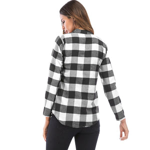 V Neck Long Sleeve Checkered Print Women Shirt - vendach