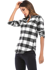 Load image into Gallery viewer, V Neck Long Sleeve Checkered Print Women Shirt - vendach
