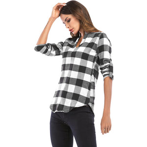 V Neck Long Sleeve Checkered Print Women Shirt - vendach