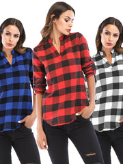 Load image into Gallery viewer, V Neck Long Sleeve Checkered Print Women Shirt - vendach

