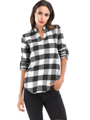 Load image into Gallery viewer, V Neck Long Sleeve Checkered Print Women Shirt - vendach
