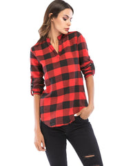 Load image into Gallery viewer, V Neck Long Sleeve Checkered Print Women Shirt - vendach
