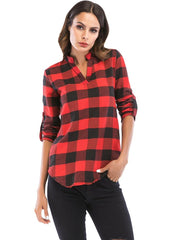Load image into Gallery viewer, V Neck Long Sleeve Checkered Print Women Shirt - vendach
