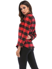 Load image into Gallery viewer, V Neck Long Sleeve Checkered Print Women Shirt - vendach
