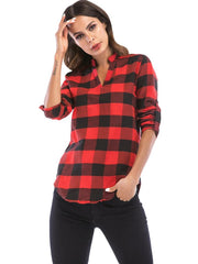 Load image into Gallery viewer, V Neck Long Sleeve Checkered Print Women Shirt - vendach
