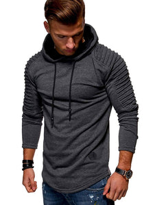 Solid Color Pleated Sleeve Long Fleece Hoodie - vendach