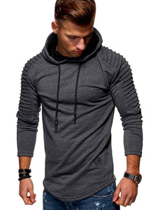 Solid Color Pleated Sleeve Long Fleece Hoodie - vendach