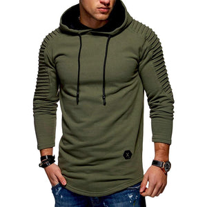 Solid Color Pleated Sleeve Long Fleece Hoodie - vendach