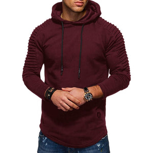 Solid Color Pleated Sleeve Long Fleece Hoodie - vendach